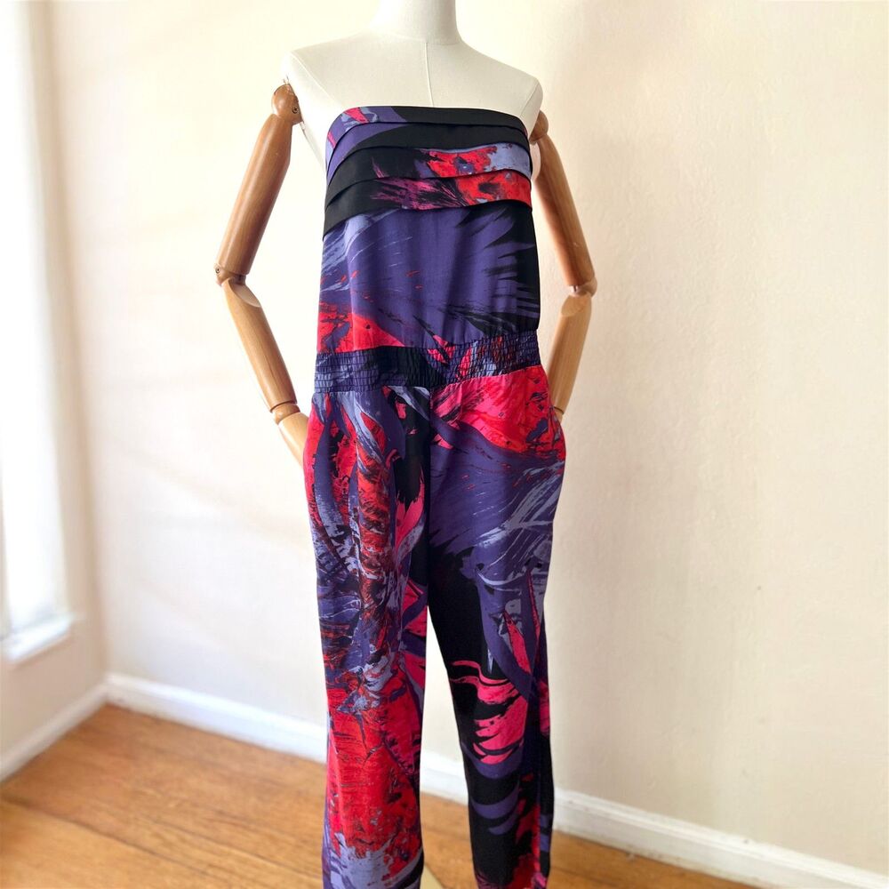 bebe Resort Wear Strapless Abstract Purple & Red Tropical Print Jumpsuit Size L